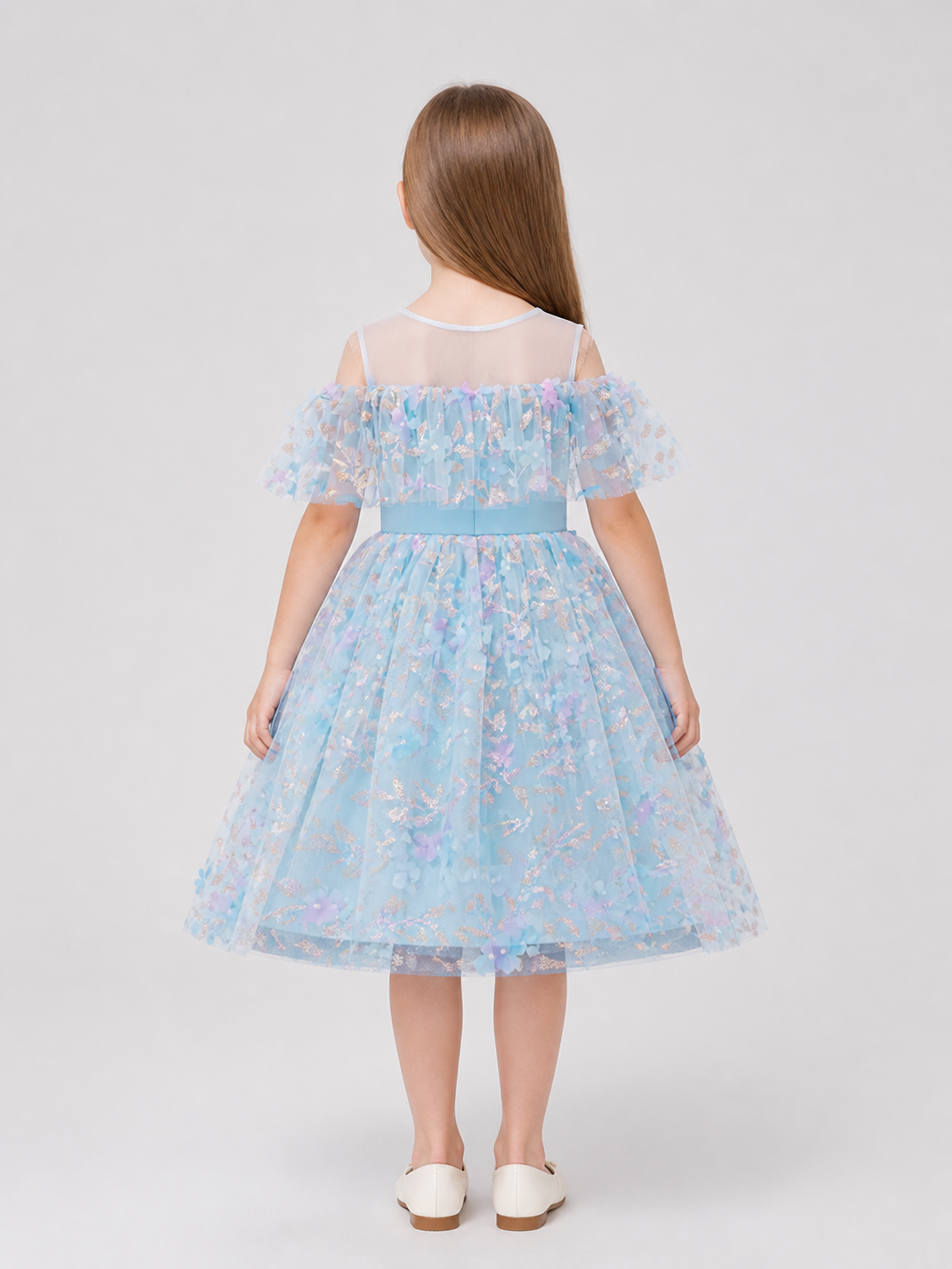 Blue Princess Dress with Flowers and a Full Skirt