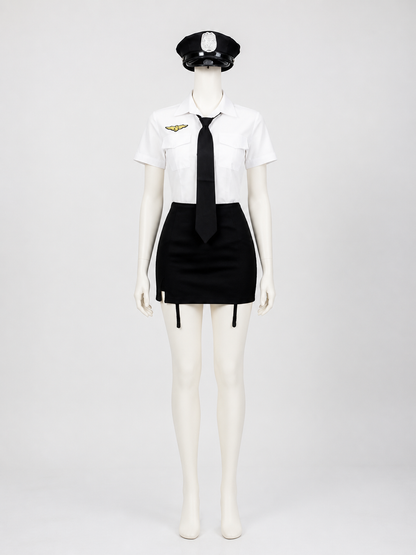 Women's Police Officer Costume Set With White Shirt, Black Skirt, Hat, Gloves back view
