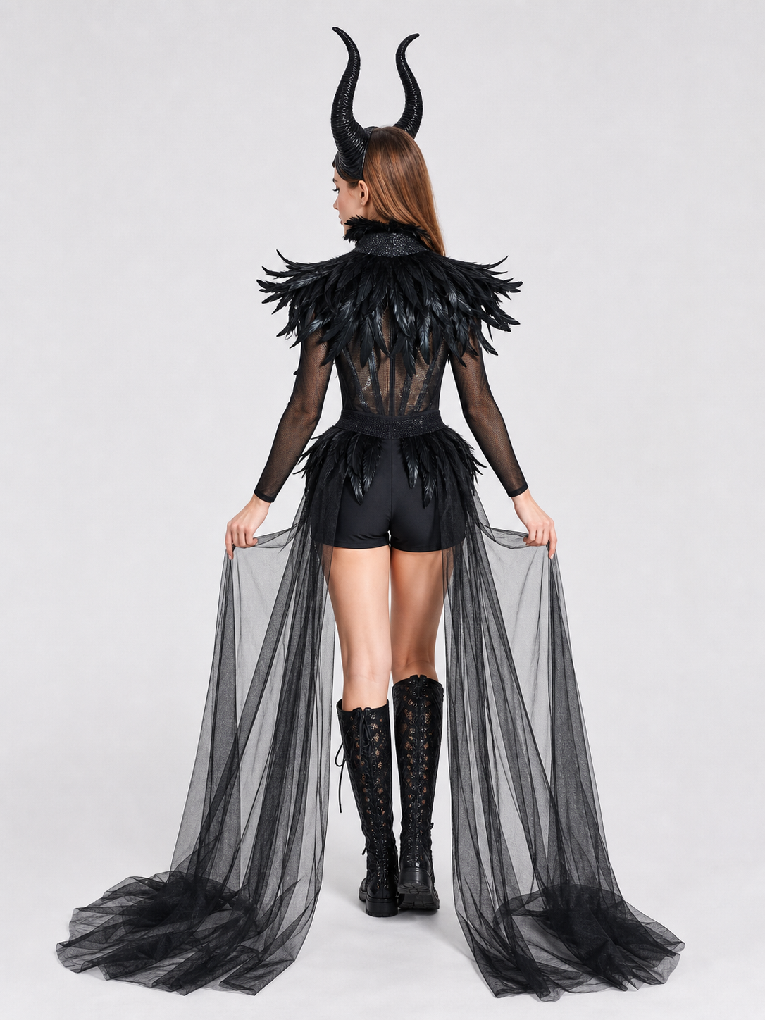Sheer black mesh skirt with a long train