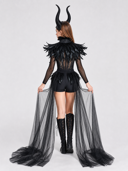 Sheer black mesh skirt with a long train