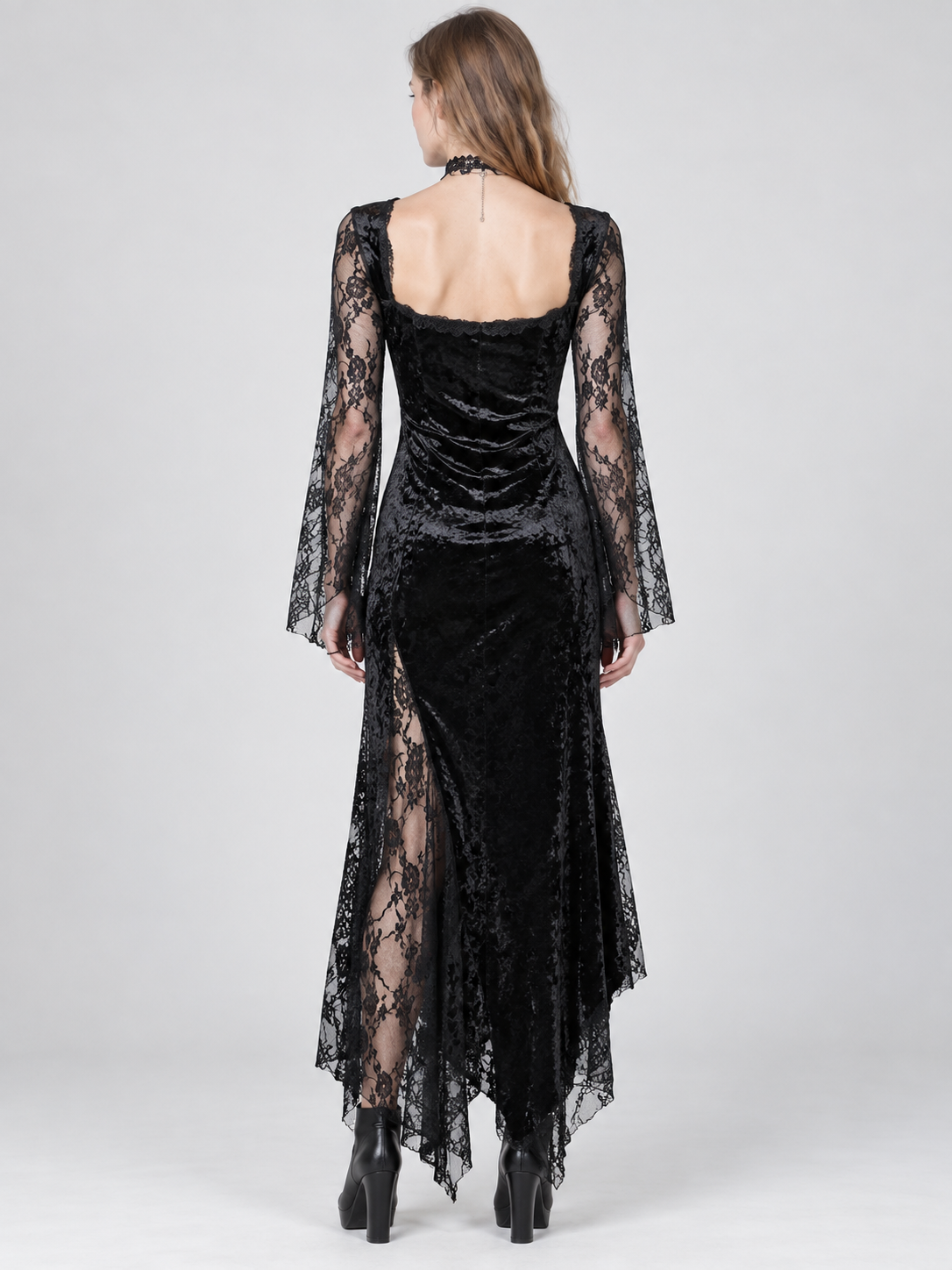 Gothic Dress Black and Red with Lace Sleeves