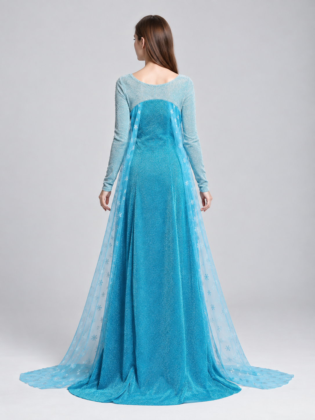 Turquoise Floor-Length Dress with Translucent Panels back view