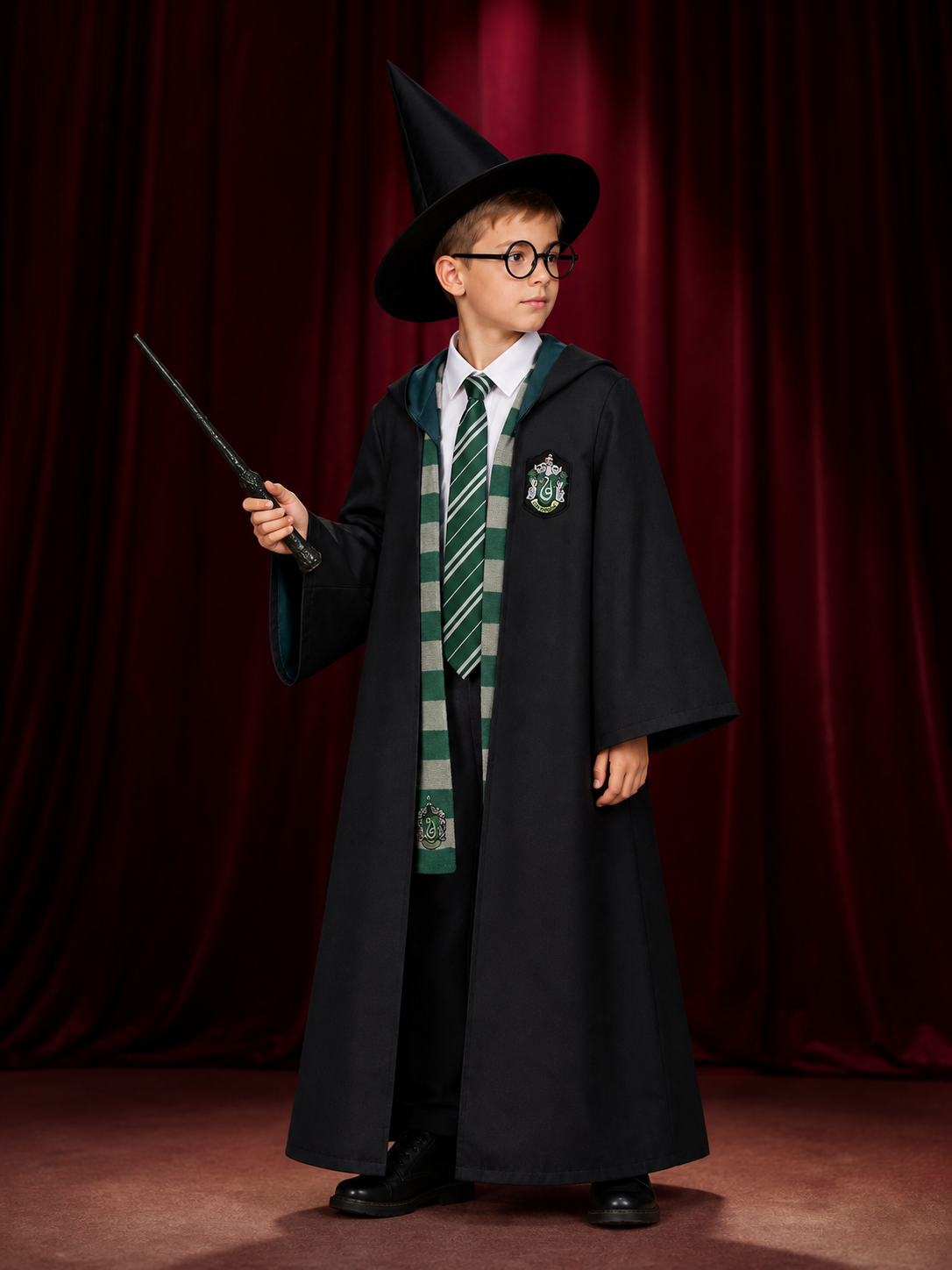 Slytherin Wizard Costume with Robe and Scarf for Cosplay back view