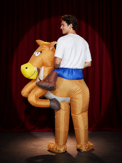 Adult Horse Ride-On Inflatable Costume, Brown One-Piece Halloween Outfit back view