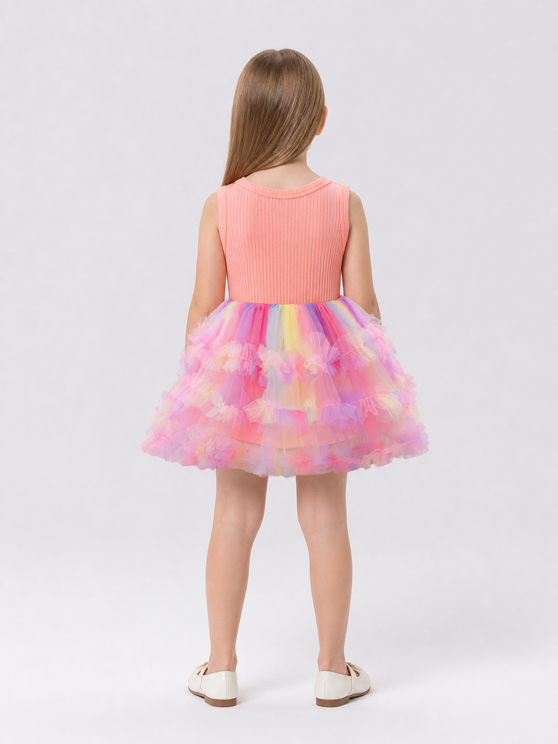 Dressy Full-Skirt Dress with a Multicolored Tulle Skirt back view