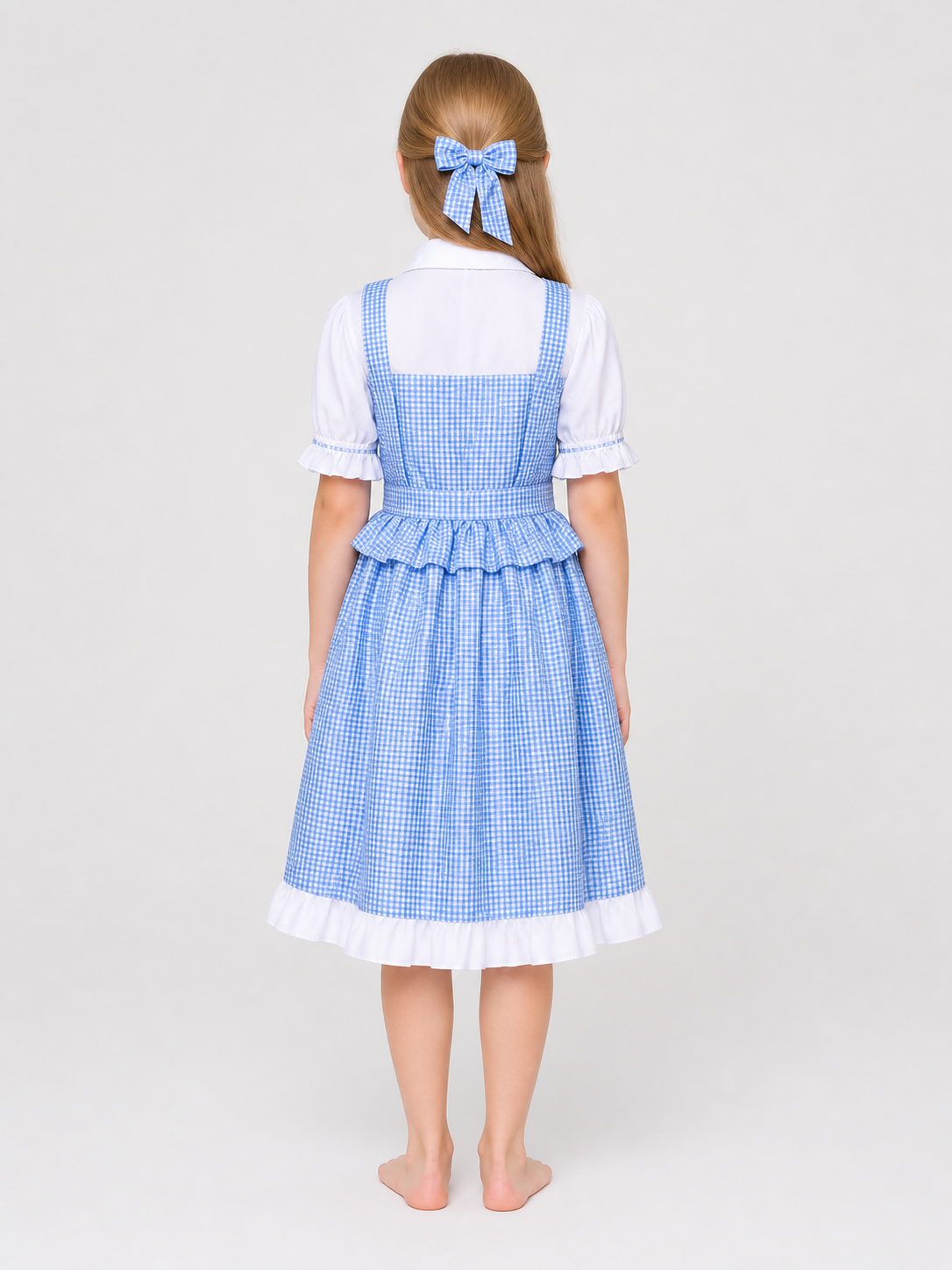 Dorothy Cosplay Dress in Blue-and-White Check with Bow back view
