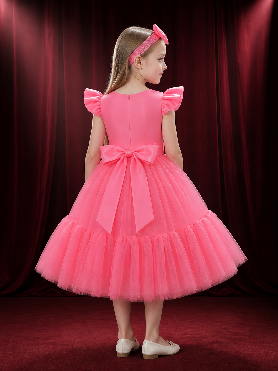 Girls' Princess Dress Set With Lace Bow Headpiece and Layered Tulle Skirt back view