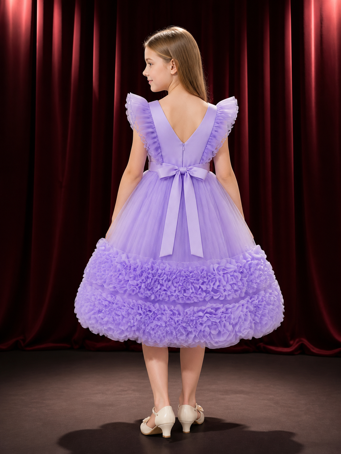 Toddler Girls' Lavender Princess Dress, Layered Tulle Skirt With Rose Trim And back view
