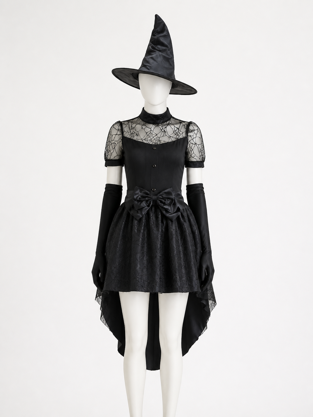 Black Witch Costume Set with Lace Mesh Dress, Pointed Hat and Long Gloves back view