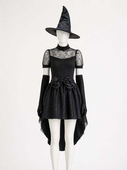 Black Witch Costume Set with Lace Mesh Dress, Pointed Hat and Long Gloves back view