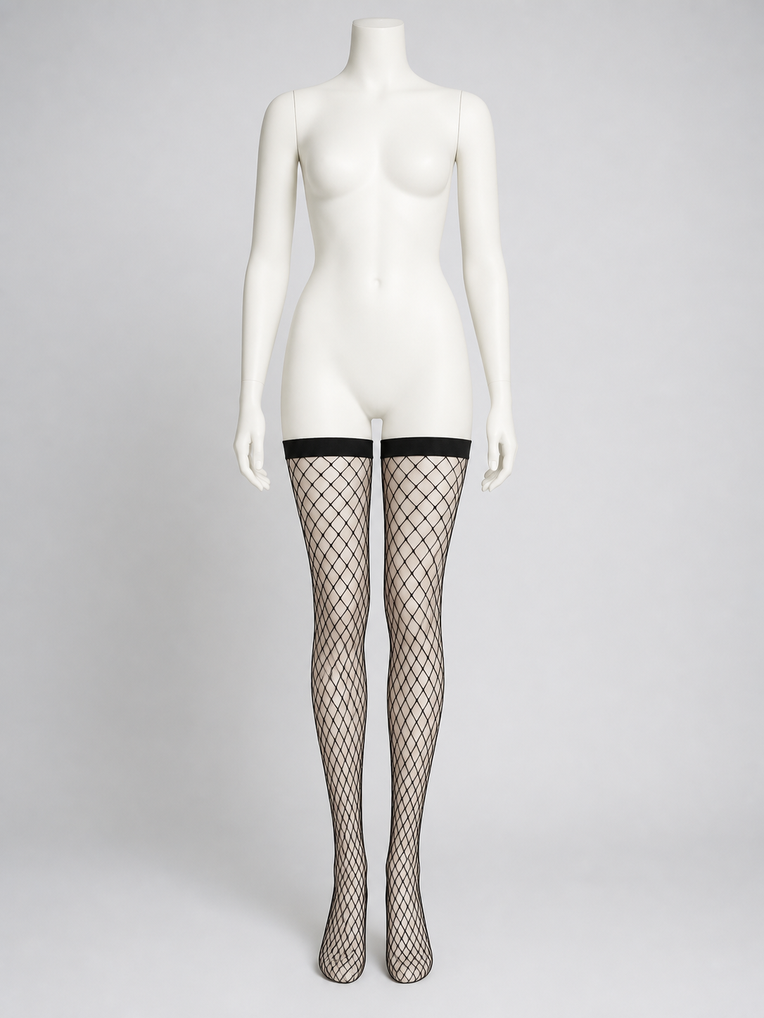 Black Thigh-High Stockings with a Wide Band and Diamond Mesh