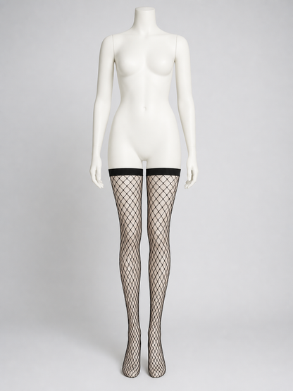 Black Thigh-High Stockings with a Wide Band and Diamond Mesh