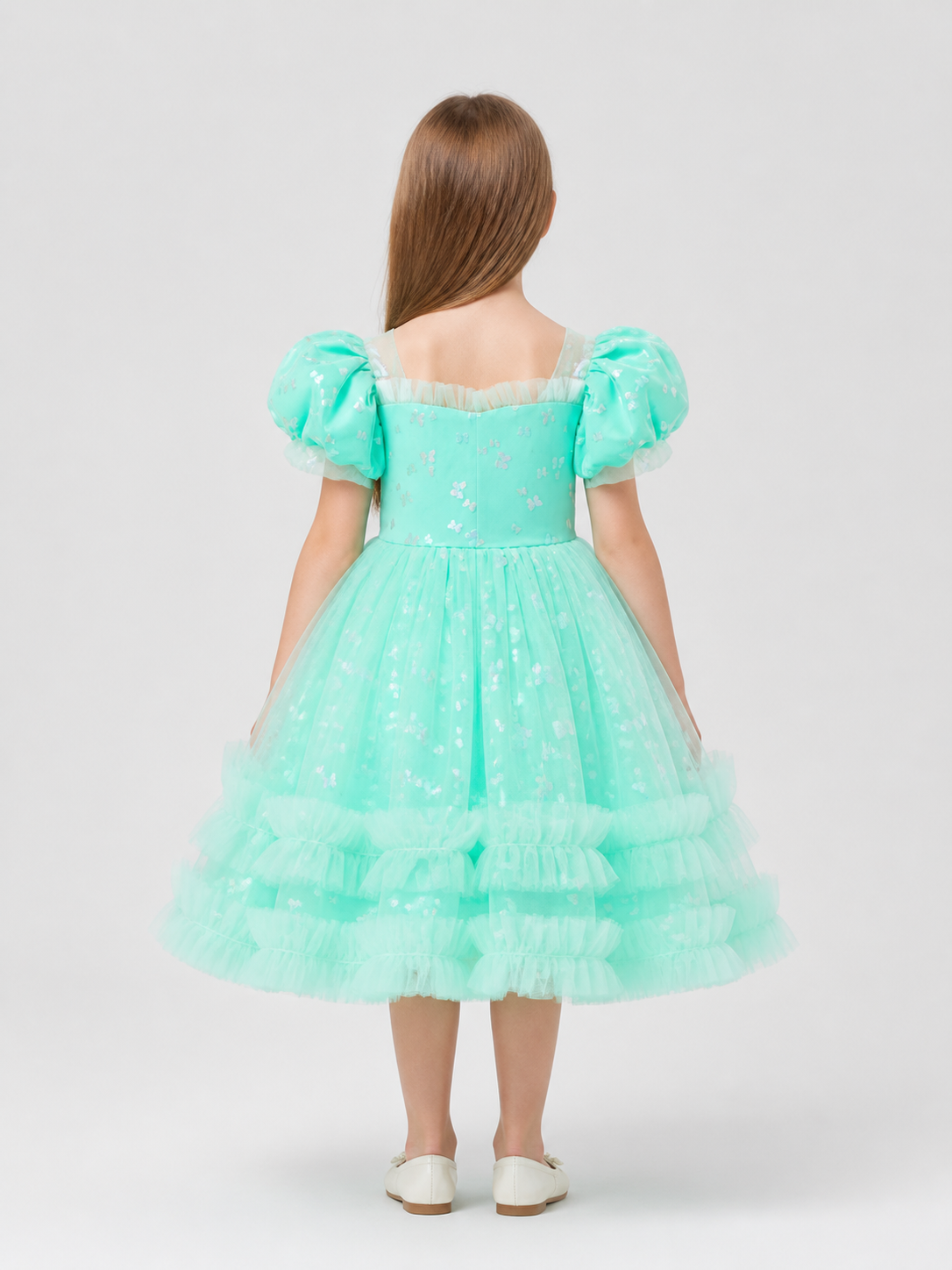 Children's Dressy Dress with Full Skirt, Mint back view