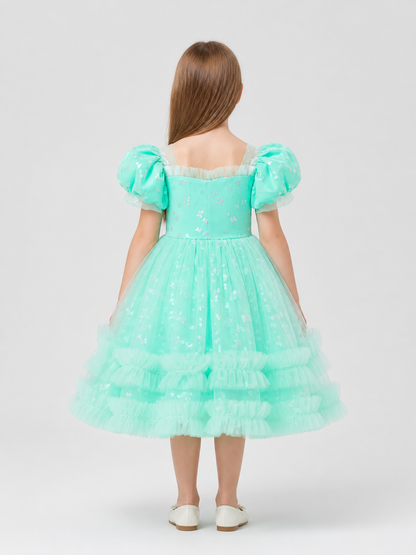 Children's Dressy Dress with Full Skirt, Mint back view