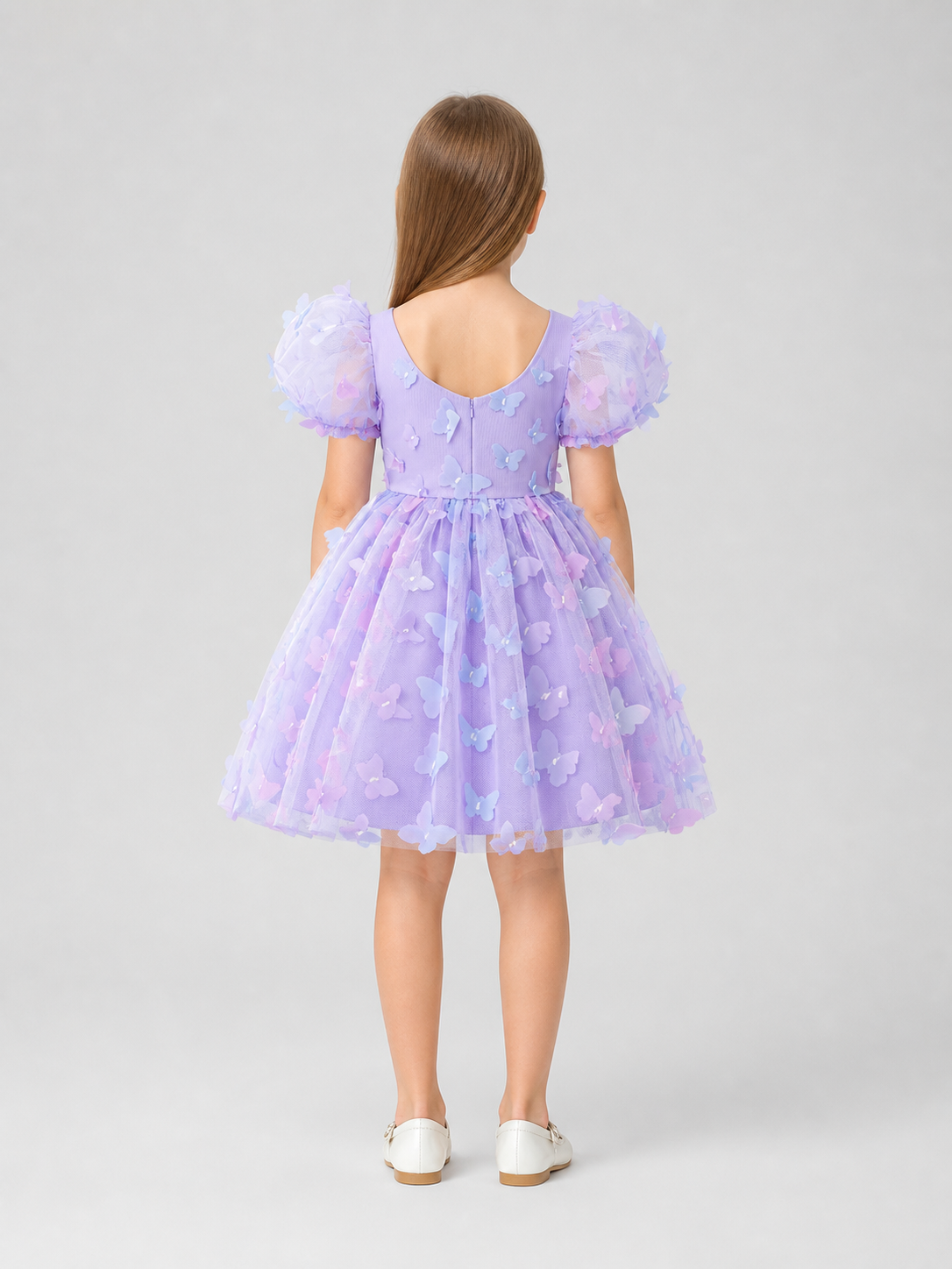 Purple Girls' Tutu Dress with Bows and Butterflies back view