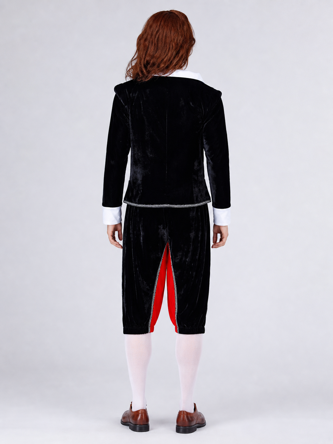 The vampire costume features a combination of black, red, and silver colors. The set includes a black long coat with long sleeves and red pants, combined to create a themed outfit. The front of the coat has a zipper running down the center.