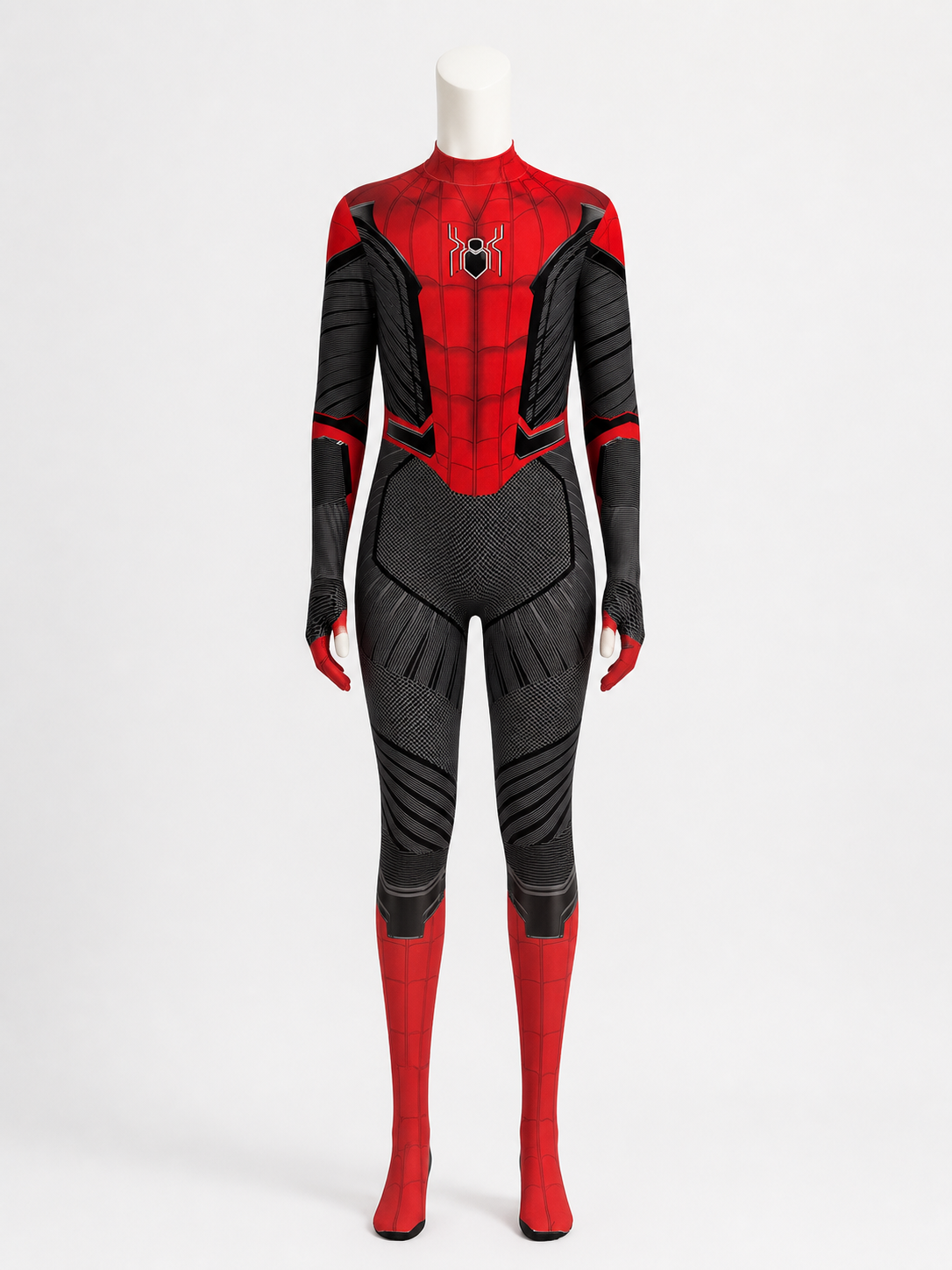 Red and Black Spider-Themed Full-Body Jumpsuit Costume, Head-Covering Design back view