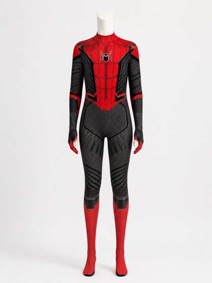 Red and Black Spider-Themed Full-Body Jumpsuit Costume, Head-Covering Design back view