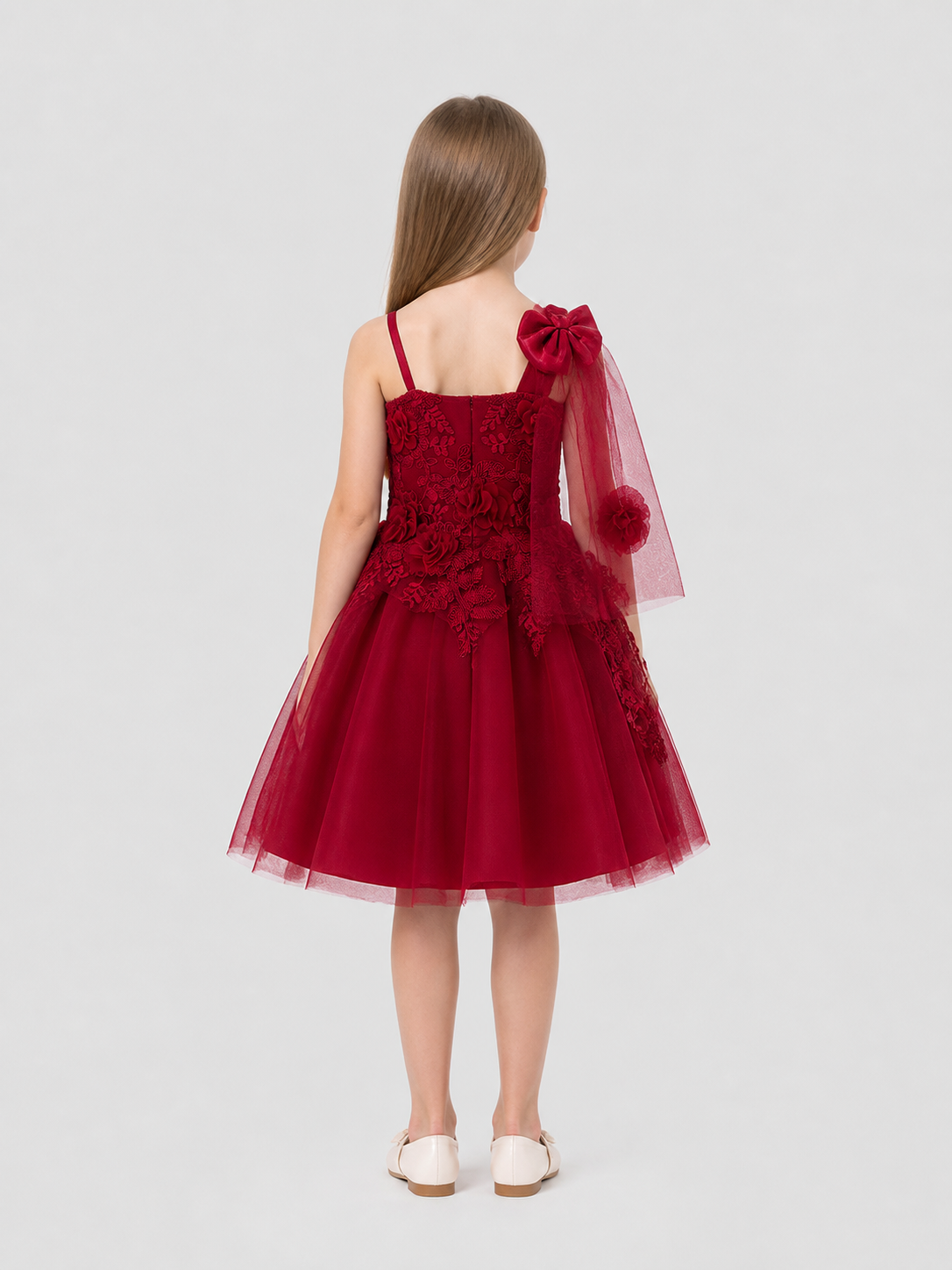 Burgundy Full Tutu Dress with Roses and Mesh Skirt back view
