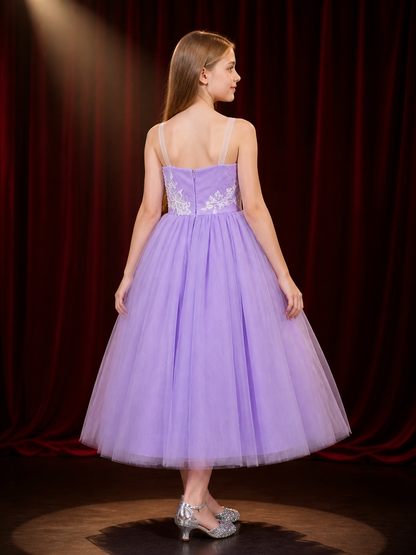 Girls' Light Purple Princess Dress, Layered Tulle Lace Bow Formal Gown back view