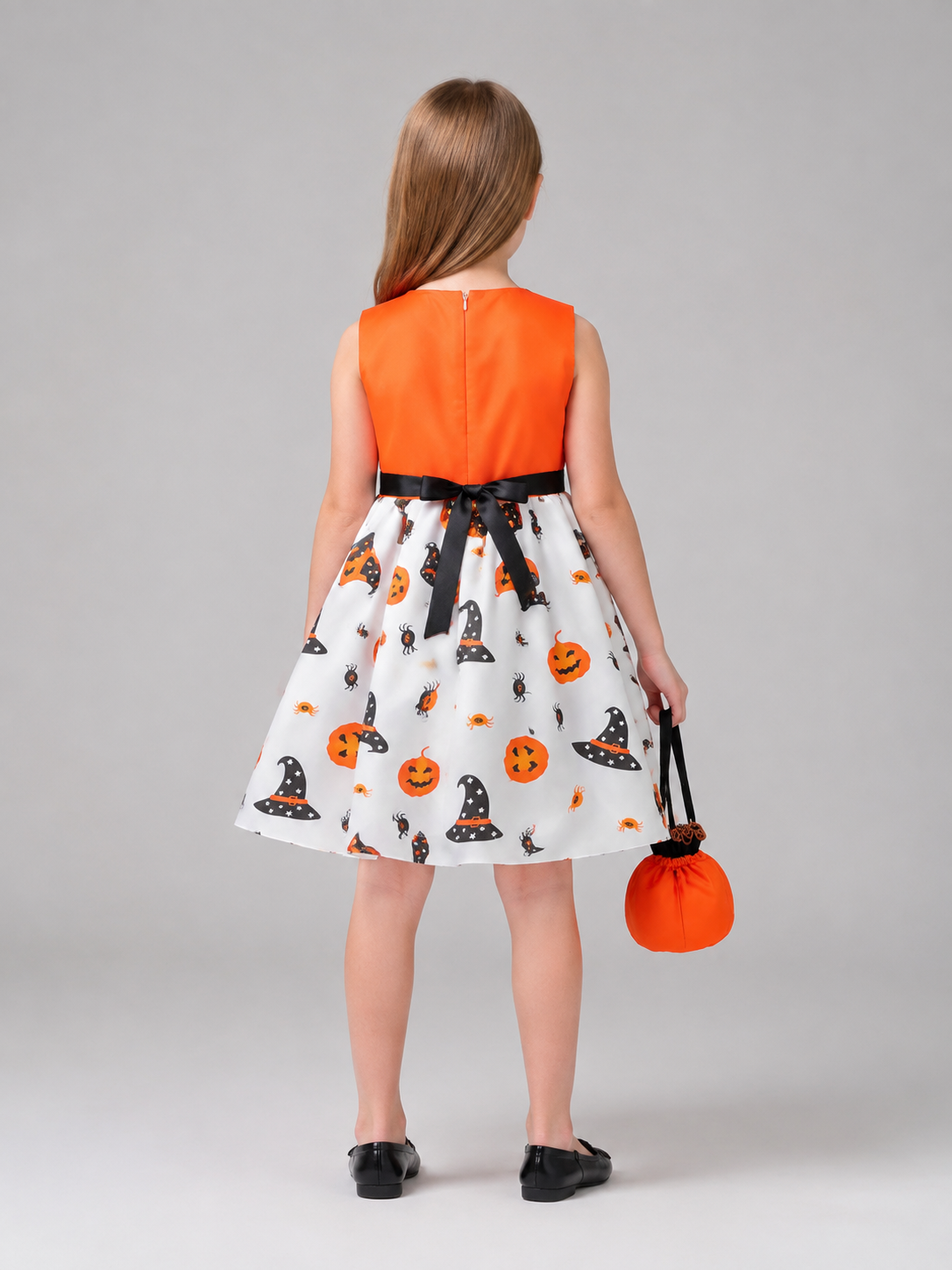 Children's Halloween Costume Dress with Bow and Hat back view