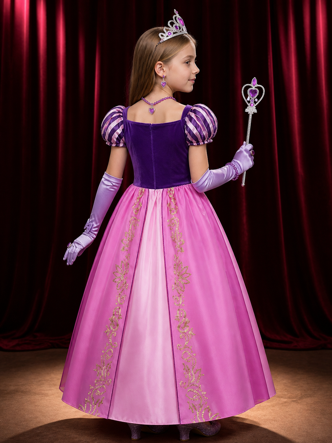 Girls' Princess Halloween Costume Dress Set With Crown, Jewelry, Wand And Gloves back view