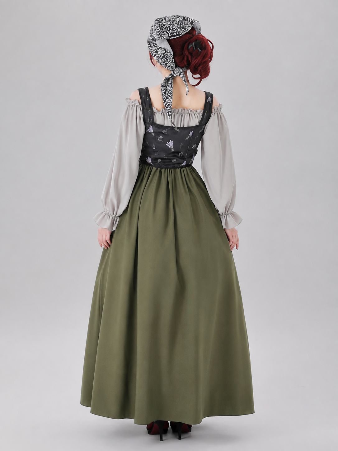 Medieval Dress with Vest Bodice and Ruffles back view