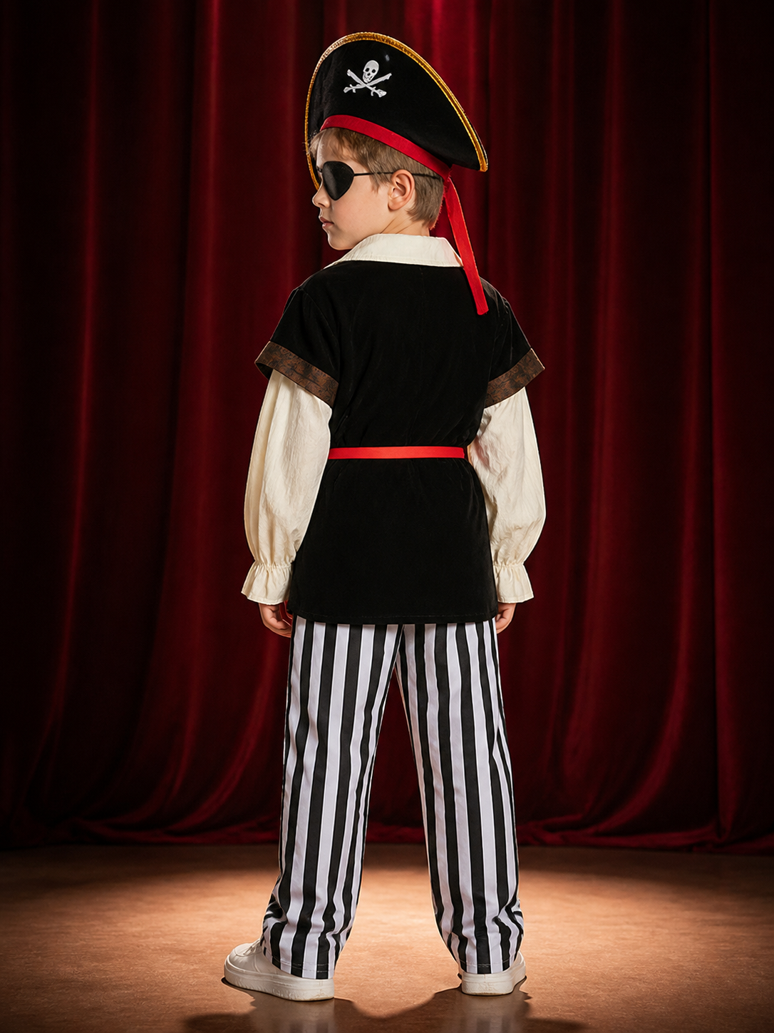Boy's Pirate Costume Set with Hat, Eye Patch, Belt and Striped Pants back view