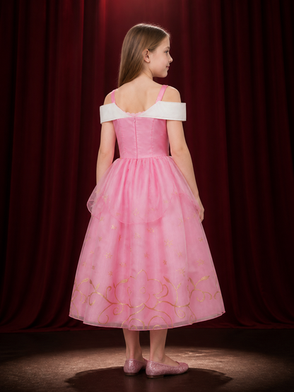 Girls Pink Princess Halloween Costume Dress With Gold Star And Floral Details back view