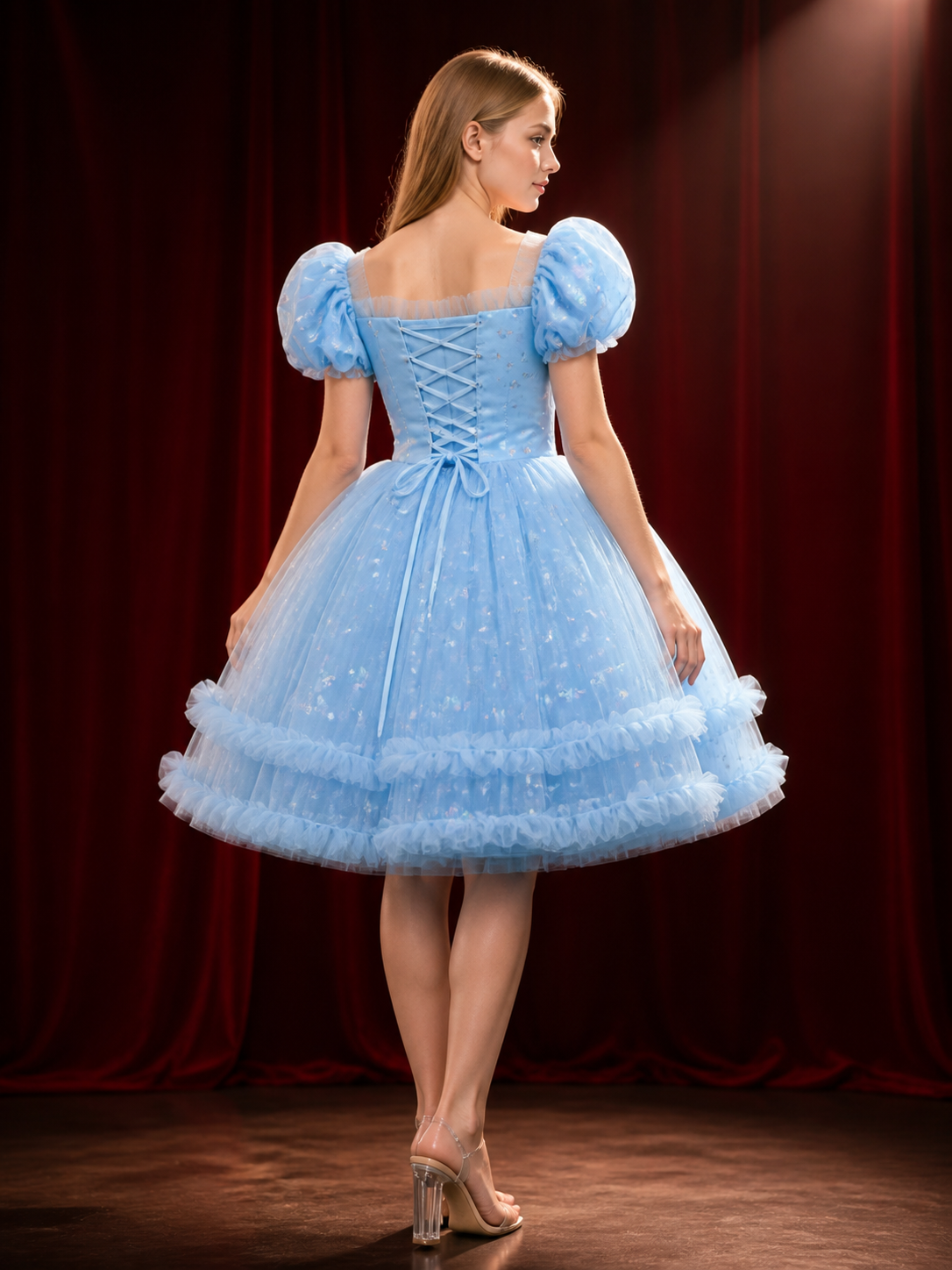 Toddler Girls' Sky Blue Princess Dress with Puff Sleeves, Layered Tulle Ruffles back view