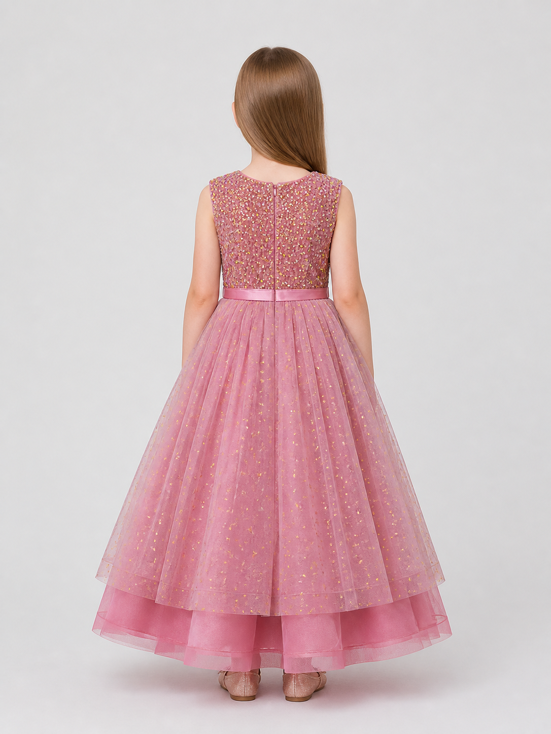 Girls' Sequin Princess Dress with a Full Skirt back view
