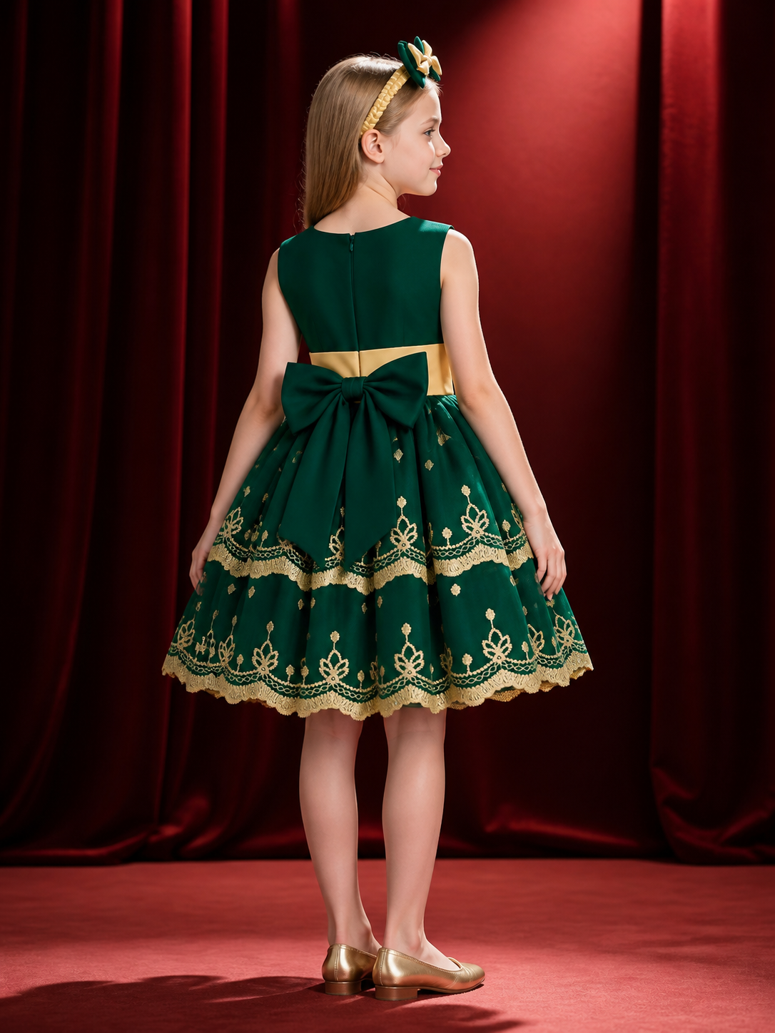 Girls' Dark Green Embroidered Princess Dress With Bow, Layered Tulle Skirt back view