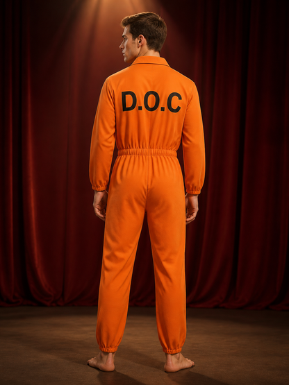 Prisoner Jumpsuit Costume for Adults, Orange DOC Print Long Sleeve Jail Outfit back view