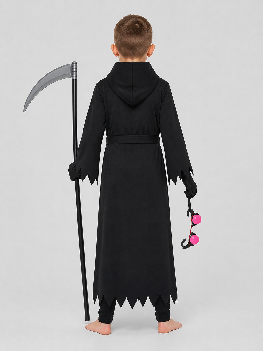Reaper Costume with Hood, Scythe, and Glowing Glasses back view
