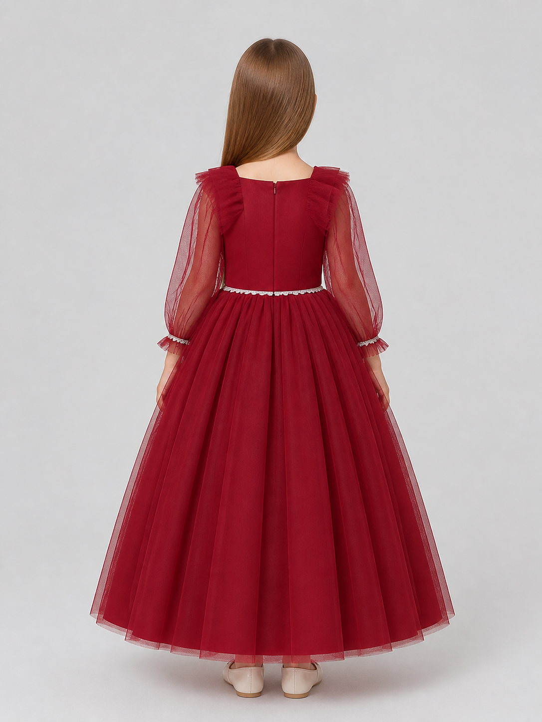Burgundy Dress with a Full Skirt and Mesh Sleeves back view