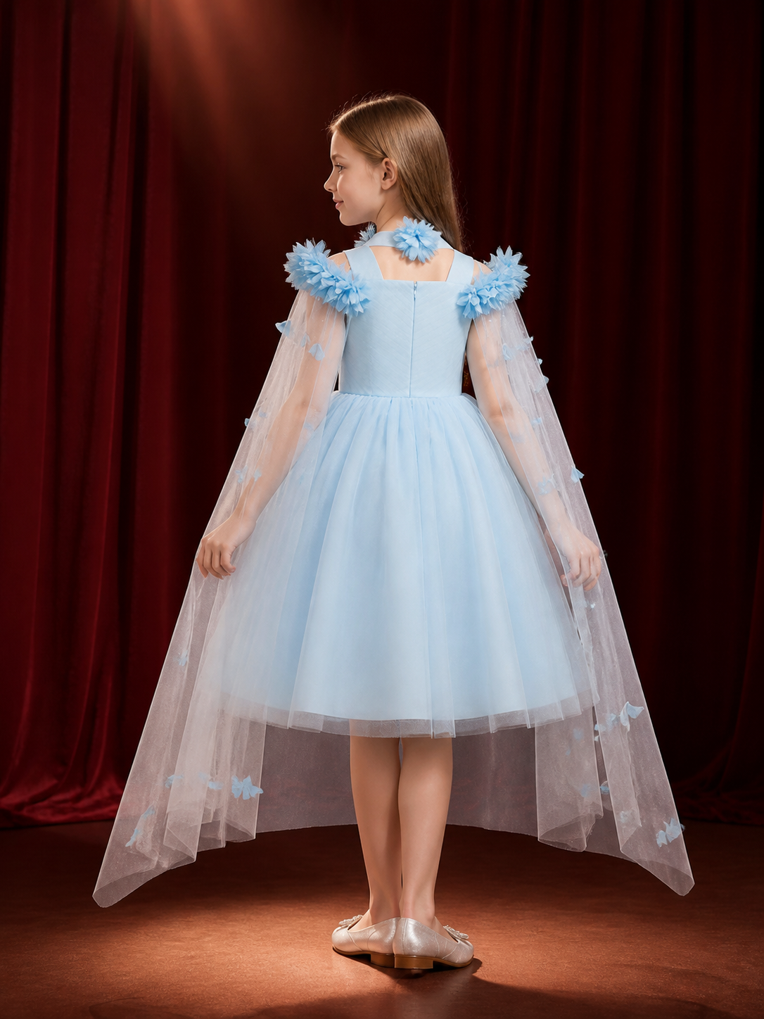 Girls' Light Blue Princess Dress, Off-Shoulder Floral Tulle Party Gown, Sizes back view