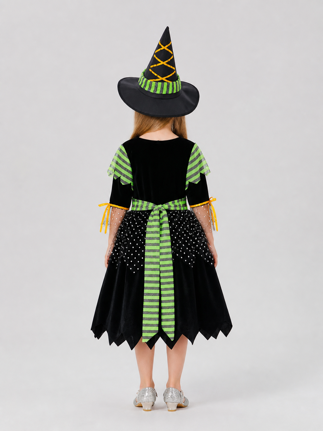 Witch Costume with Pointed Hat and Striped Dress back view