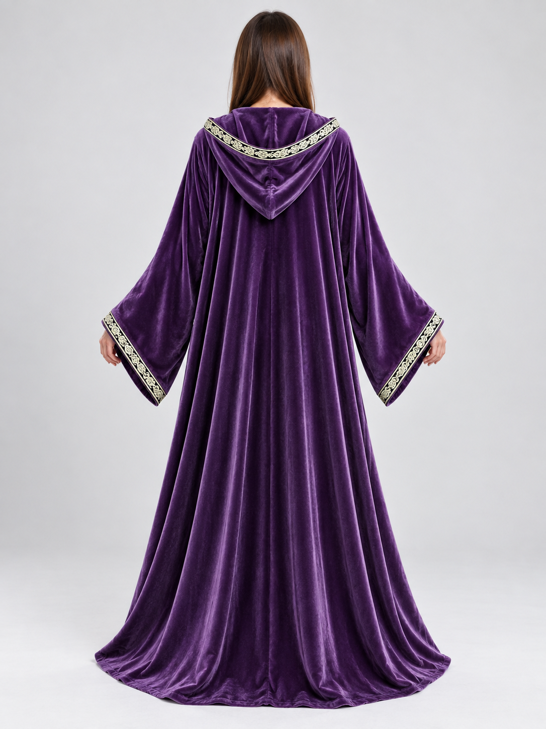 Hooded Cloak-Mantle, Purple, with Patterned Trim