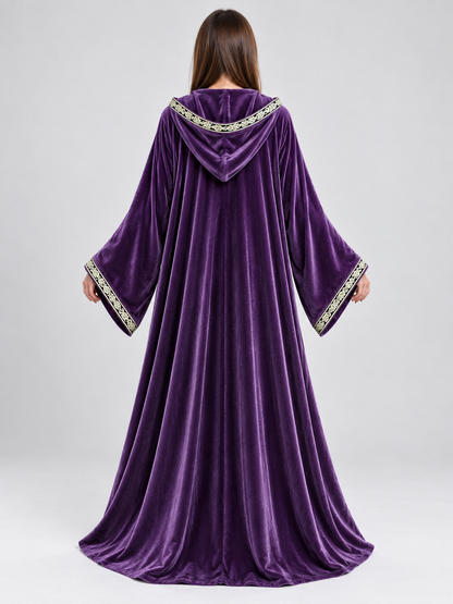 Hooded Cloak-Mantle, Purple, with Patterned Trim