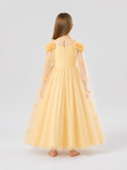 Long Princess Dress with Floral Details, Champagne back view