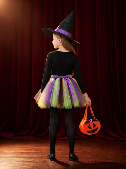Kids' Halloween Witch Costume Set with Long-Sleeve Top, Tutu Skirt, Hat and back view