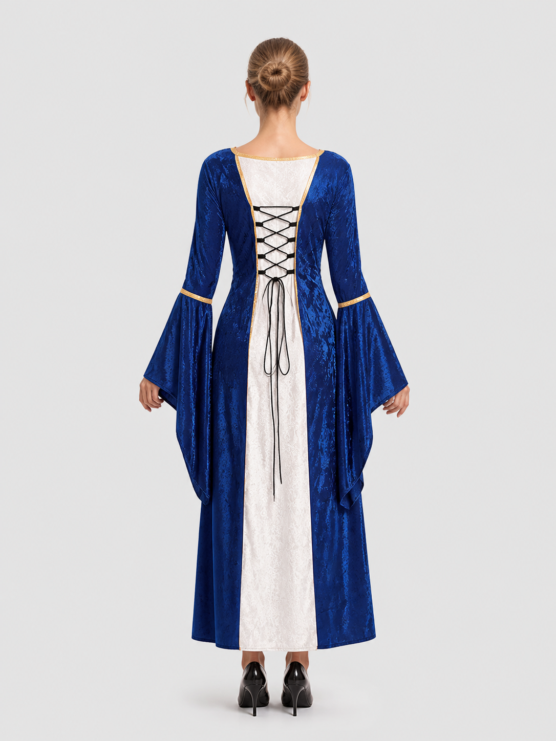 Retro-Style Dress with Flared Sleeves and Lace-Up Detail back view