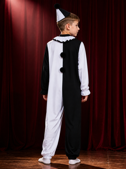 Men's Clown Jumpsuit Halloween Costume with Black and White Ruffle Trim back view