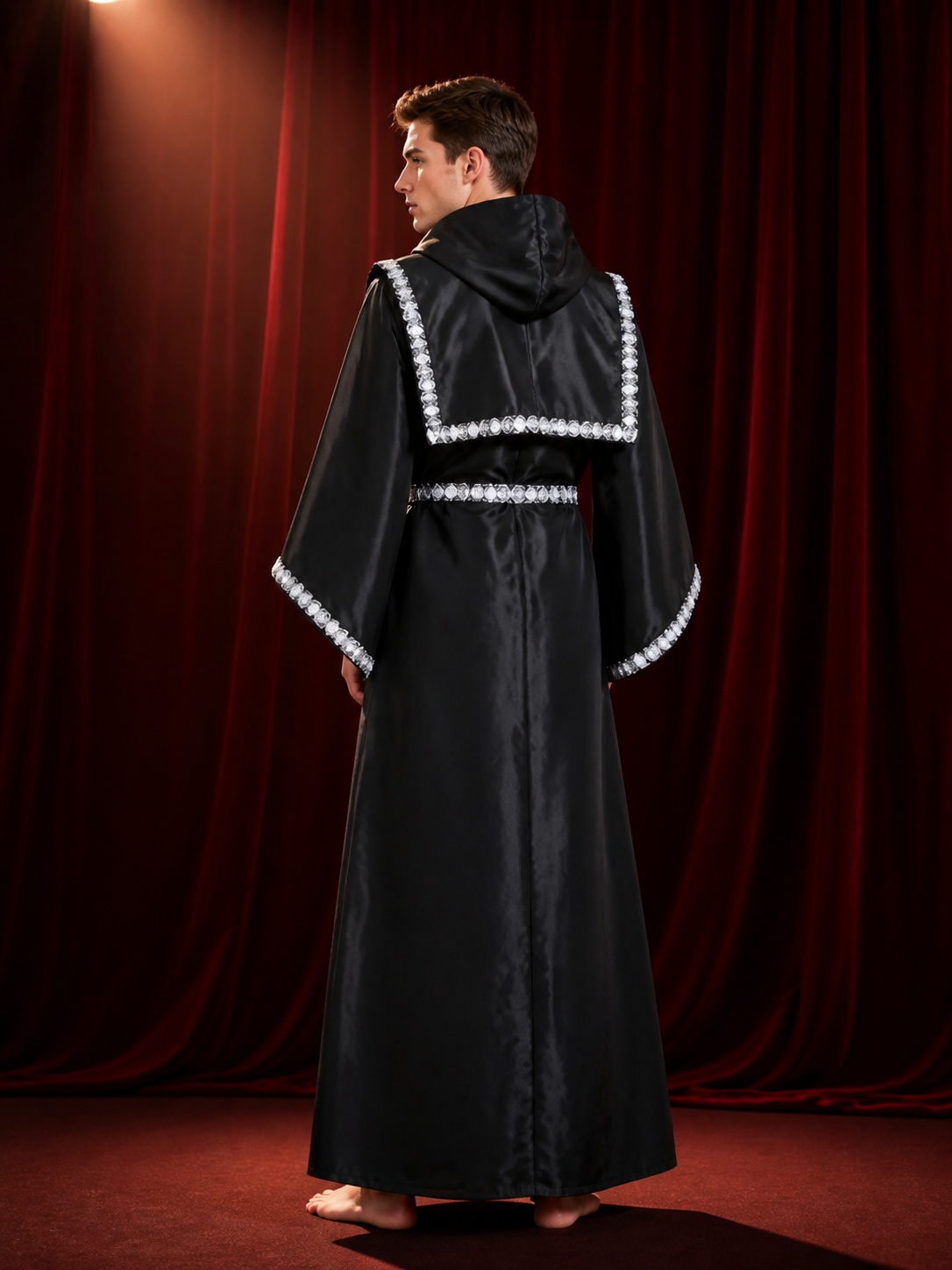 Black Hooded Wizard Robe Costume Set with Silver Sequin Trim and Belt back view