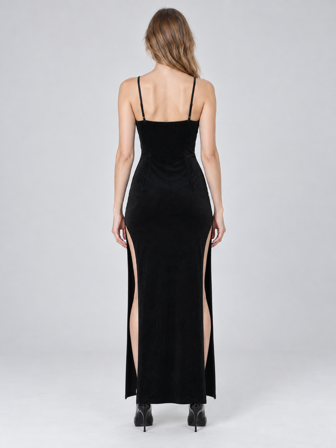 Black vampire-style dress with red spiderweb and rose