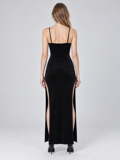 Black vampire-style dress with red spiderweb and rose