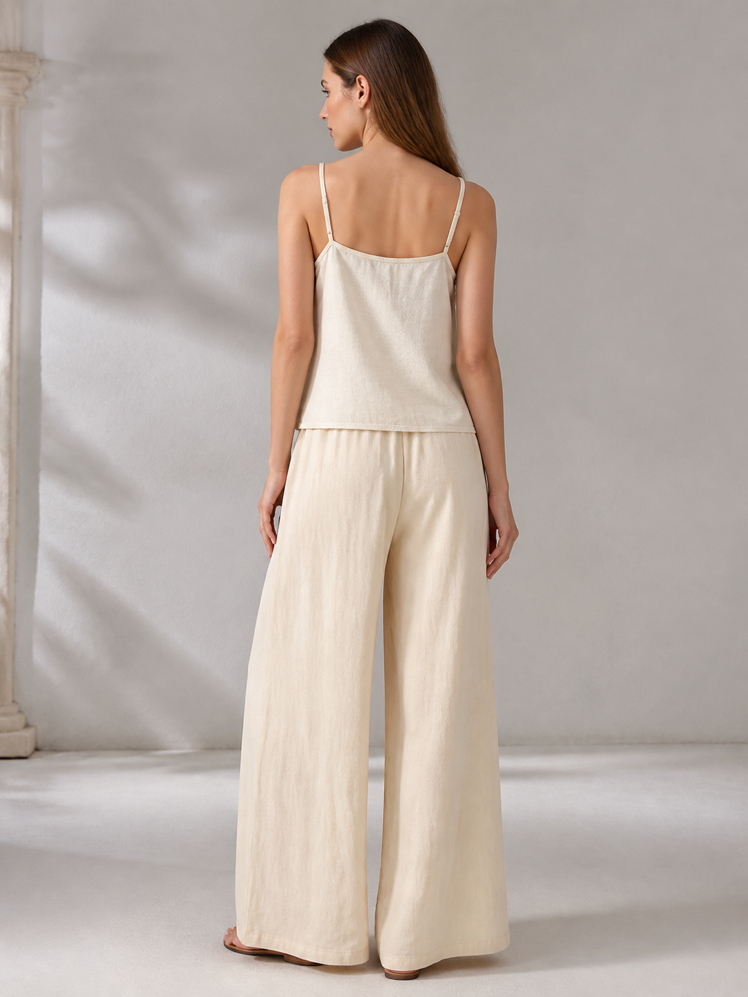 Beige Wide-Leg Pants with an Elastic Waistband and Drawstring back view 5