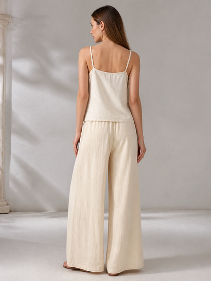 Beige Wide-Leg Pants with an Elastic Waistband and Drawstring back view 5