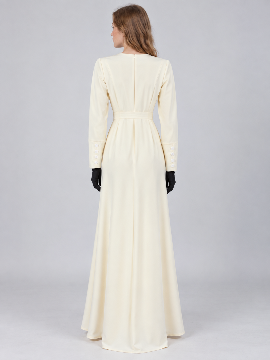 Carnival costume: dress, black gloves, rose brooch