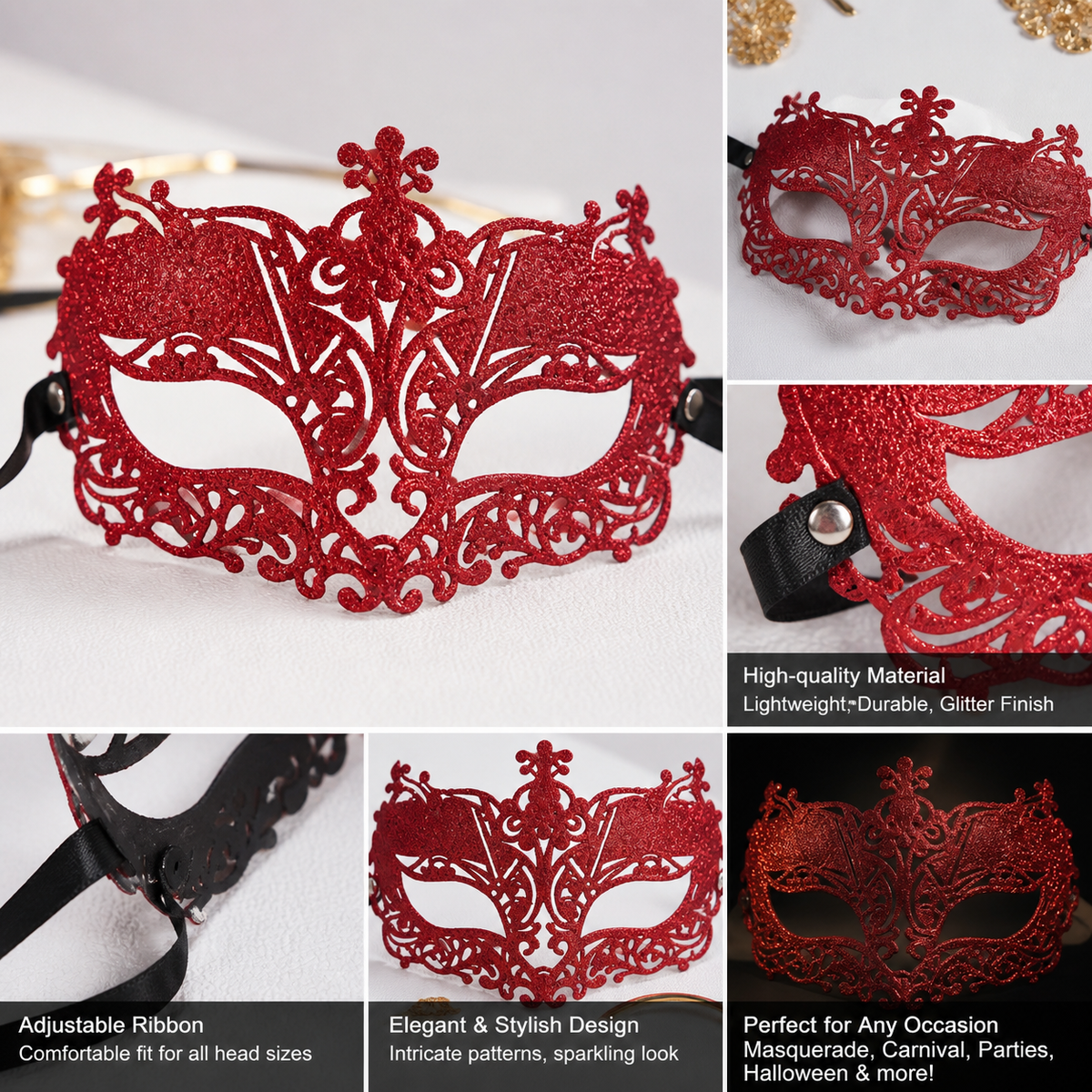 Red glitter filigree masquerade mask with black ribbon product view 18